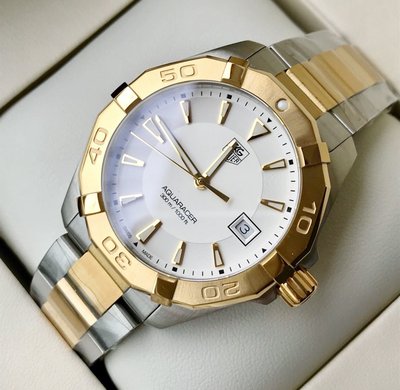 TAG HEUER Aquaracer 金色圈 白色面錶盤 金色配銀色不鏽鋼錶帶 石英 男士手錶 WAY1120.BB0930 豪雅 競潜 300米潜水錶