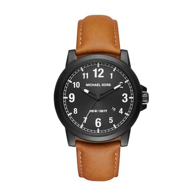 美國百分百【Michael Kors】手錶 MK8502 腕錶 MK 男錶 不鏽鋼 駝色皮錶帶 日期 黑色錶面 j798