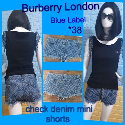 Burberry London Blue Label 日系牛仔格紋造型鬚低腰可愛小短褲38號（適合25～27號）