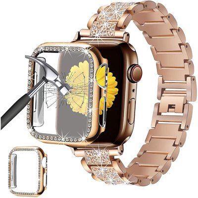 2件裝 Apple Watch 錶帶+閃鑽保護殼套裝 含熒幕保護 適用於iWatch SE 6/5/4/3  女士手鏈-極巧3C