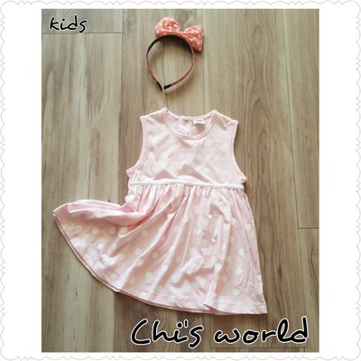 Chi's world~女童小洋裝 粉紅色 可愛水玉點點 迷人裙襬 後方雙鈕扣方便穿脫 100%純棉 女童洋裝