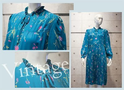 【桑園の】日本 古著 雪紡 長袖洋裝 連身裙 百褶 荷葉邊 花樣式 湖水綠 YS 12151