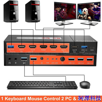 阿澤科技4k 60Hz HDMI KVM 切換器盒 2 筆記本電腦 2 顯示器共享一套鍵盤鼠標 3 USB 3.0 兩個顯示器雙