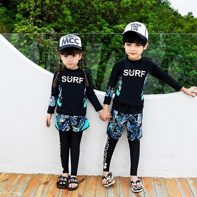 【小阿霏】親子兒童長袖防曬泳衣 兩件式短褲版 男童女童SURF兄妹姊弟泳裝 大童款 SW38