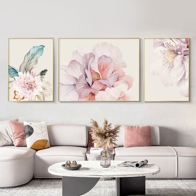 北歐牡丹花客廳裝飾畫沙發背景墻掛畫現代簡約花卉三聯畫臥室壁畫-促銷