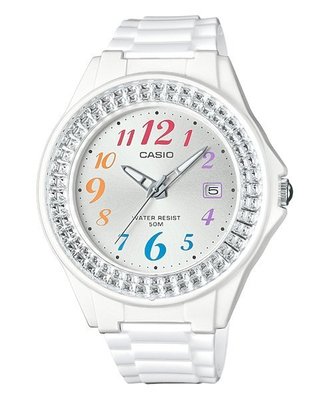 CASIO 卡西歐漾鑽女王簡潔時尚風銀面七彩阿拉伯數字指針日曆腕錶 型號：LX-500H-7B