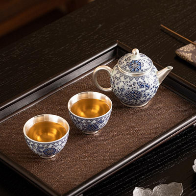 純銀999青花泡茶壺單壺陶瓷功夫茶具套裝鎏銀養生茶杯高檔禮盒裝-西瓜鈣奶