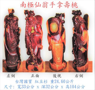 台灣國寶  紅豆杉   南極仙翁手拿壽桃巧雕, 大型高達104公分，重24.6公斤。