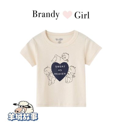 Brandy Girl美式天使愛心卡通印花圓領T恤短款米白色短袖上衣女bm-羊城故事