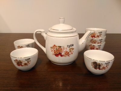 (老件收藏) 台灣早年經典絕版款金玉花梅瓷器茶壺+6茶杯組 下午茶杯組 (有落款)~整組特價