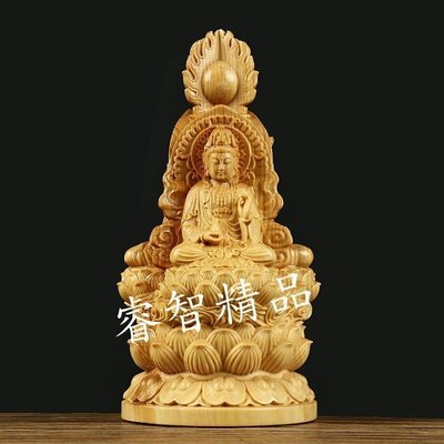 和風美物 黃楊木 三面雕刻 娑婆三聖 地藏王菩薩 阿彌陀佛 觀音菩薩 法像莊嚴（GA-5176）
