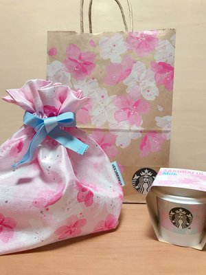 Ariels Wish日本STARBUCKS星巴克櫻花杯tiffany藍緞帶微珠光粉紅色束口袋收納袋旅行袋化妝包-絕版品