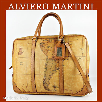 【桑園の】二手真品◆義大利製 ALVIERO MARTINI 經典 地圖包 中性商務包 公事包 手提 斜背包 D 5195