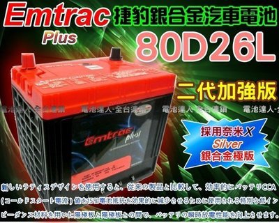 【電池達人】Emtrac 捷豹 超銀合金 汽車電池 ALPHARD PREVIA RAV4 AVALON 80D26L