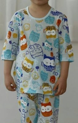 【出清】韓國進口舒適薄七分袖家居服.睡衣.套裝--貓頭鷹（藍）