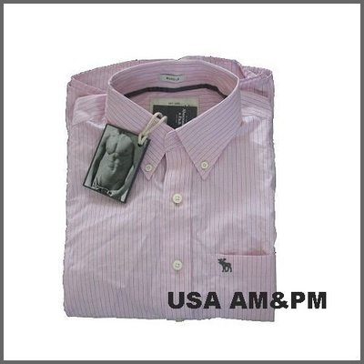 美國AMPM【現貨S150】AF A&F Basin Mountain 男版長袖 薄款 粉紅色條紋襯衫 M 號