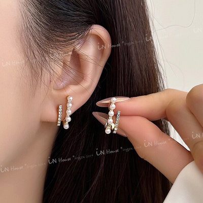 IN House* 🇹🇼現貨 S925銀針法式精緻一字鑲鑽珍珠耳環 韓國氣質網紅耳釘復古耳環耳飾