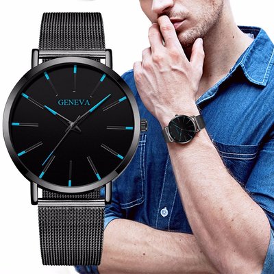 森尼3C-免費送貨#男士黑色不銹鋼網商務手錶 #GENEVA手錶#豪華男士運動手錶#石英鐘表-品質保證