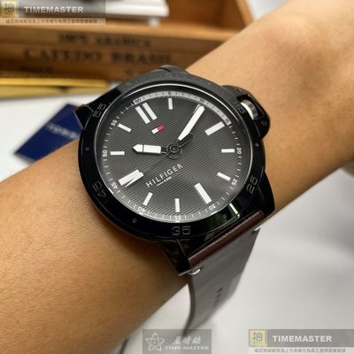 TommyHilfiger手錶,編號TH00031,44mm黑圓形精鋼錶殼,黑色簡約錶面,咖啡色真皮皮革錶帶款