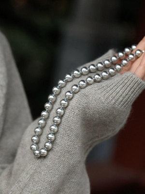 施家灰色10mm珍珠項鍊鎖骨鍊百搭獨特氣質s925銀扣頭毛衣鍊頸鍊女