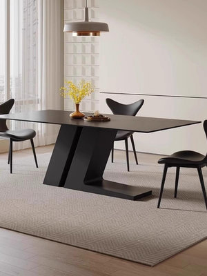 餐桌意式極簡約現代黑色巖板餐桌椅組合長方形家用桌