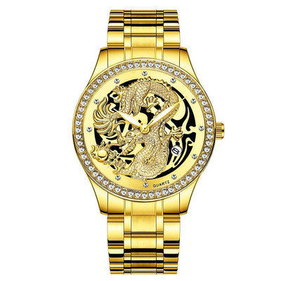 手錶 機械錶 石英錶 男錶 芬尊品牌手錶男二類電商防水夜光黃金色老年石英鋼帶日歷龍錶