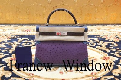 France Window 愛馬仕 凱莉包 HERMES KEELY紫色拼藍色拼棕色 銀扣鴕鳥皮32CM
