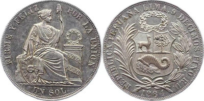 早期1884年秘魯坐人女神一索爾銀幣