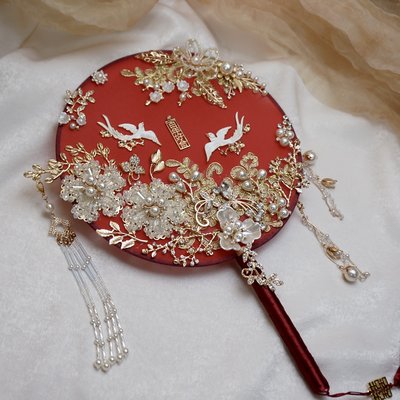 現貨熱銷-新娘團扇結婚大紅古風中式手工刺繡蕾絲diy材料包喜扇秀*特價