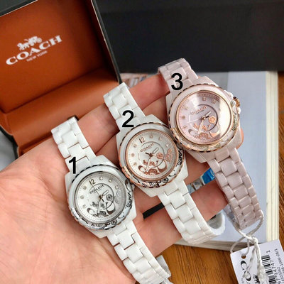 熱款直購#COACH 新款Preston系列女士手錶 鑽石搭配數字時標 錶盤花朵裝飾 陶瓷錶帶