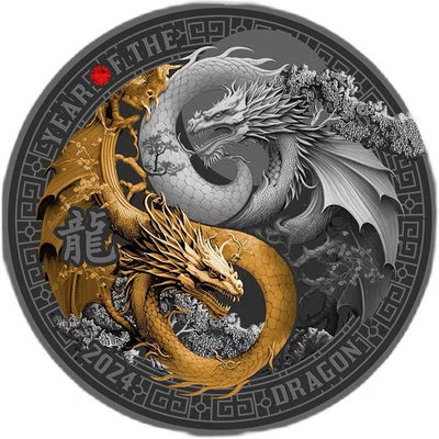 期貨 喀麥隆2024年中國生肖系列龍年紀念幣 釕化鍍金銀幣
