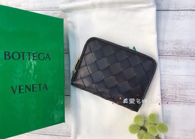 《真愛名牌精品》Bottega Veneta (BV) 600874 黑色中格編織ㄇ拉零錢包(大) *全新*