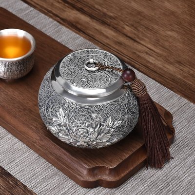 銀器時代 銀茶葉罐純銀999手工掐絲創意茶罐子密封保鮮大號儲茶罐-雙喜生活館