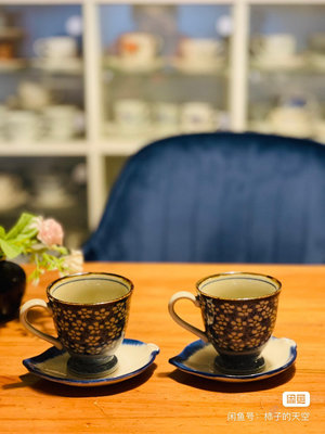 日本中古HOYA手繪花朵陶瓷咖啡杯均勻冰裂開片 品相完美