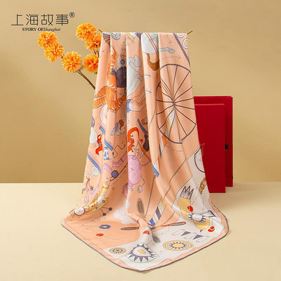 上海故事100%真絲絲巾女桑蠶絲大方巾送媽媽生日禮物高級圍巾禮盒