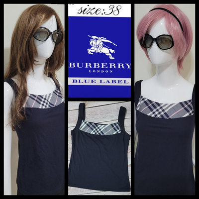 日系Burberry 藍標經典格紋，黑色無袖ㄩ領百搭上衣，38號（S,M號）