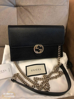 GUCCI 真品510314 經典雙G黑色 牛皮淡金鏈 WOC斜背包