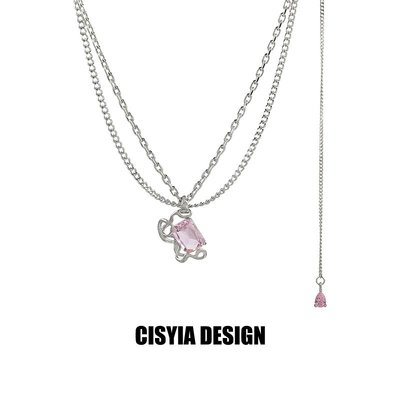 【CISYIA 原創】設計感粉色水晶吊墜鈦鋼項鏈女 雙層疊戴鎖骨鏈~特價