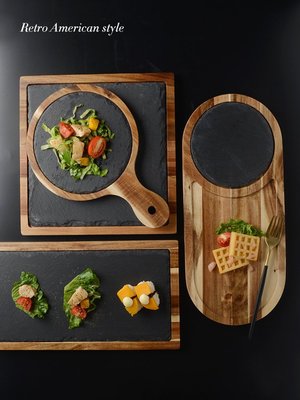 下殺 (null)美式實木披薩盤木托盤黑色石板盤子相思木面包板西餐日式料理擺盤#餐具#飲具#烘焙