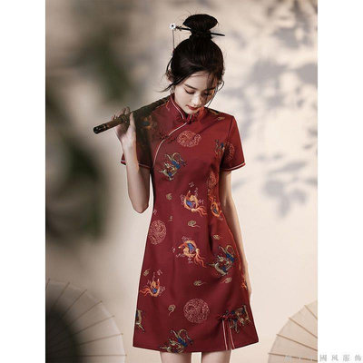 婷婷百貨新款女夏季紅色旗袍 年輕款法式復古中國風改良版連身裙 短款旗袍 洋裝
