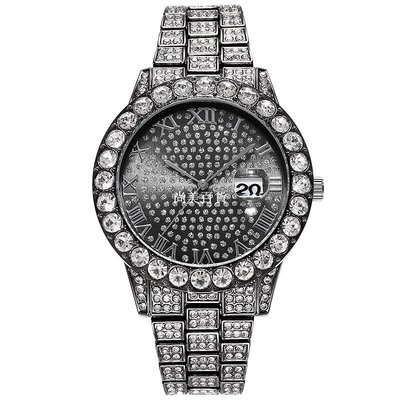 現貨熱銷-歐美嘻哈嘻哈男士手錶配鑽石時尚大錶盤日曆石英手錶滿天星手錶爆款