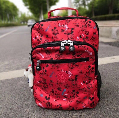 小Z代購#Kipling x Disney 猴子包 紅底米奇塗鴉 電腦包 旅行 登山 多用拉鍊款輕量雙肩後背包 中款  防水