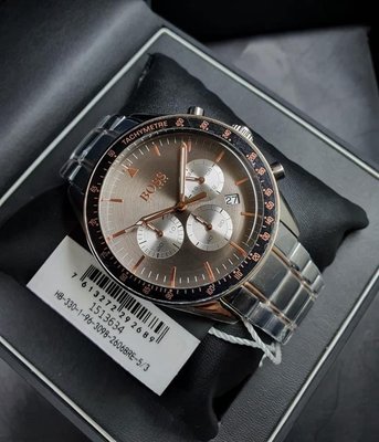HUGO BOSS Trophy 灰色錶盤 玫瑰金色配銀色不鏽鋼錶帶 石英 三眼計時 男士手錶 1513634