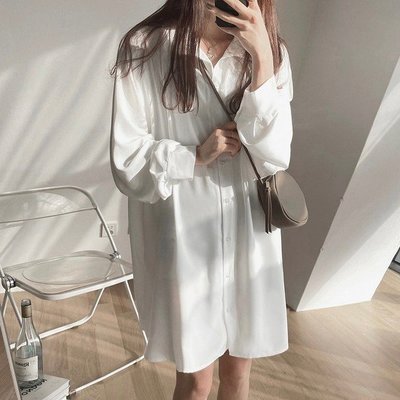 41132 韓系氣質繫帶襯衫裙 寬鬆白色襯衣連衣裙顯瘦長袖洋裝