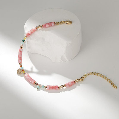 原創設計 法式少女感粉色系貝殼18K金天然石串珠手鏈 手鍊 手鏈 手串 TC060