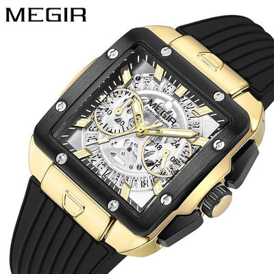 手錶男 MEGIR新款watch方形男士硅膠錶帶多功能計時運動批發石英手錶2228
