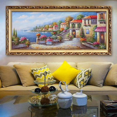 地中海橫風格噴繪油畫客廳裝飾畫沙發背景墻壁畫歐式臥室餐廳掛畫~特價