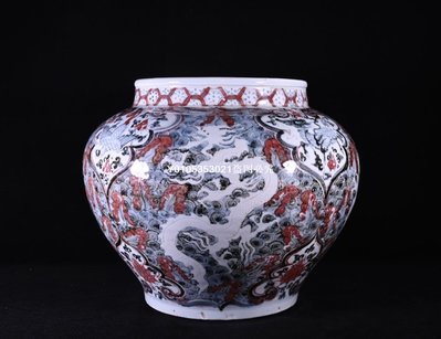 明建文年制青花釉里紅福壽龍紋罐，高27.5×35公分R10500-1883