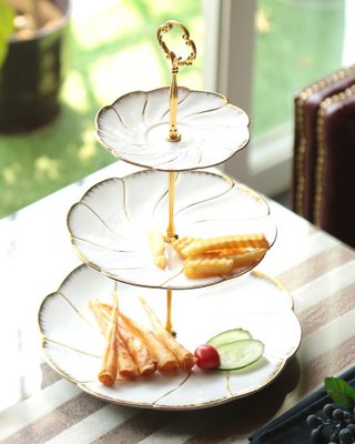 歐式 時尚典雅三層點心盤 蛋糕盤英式下午茶盤 陶瓷描金花花歐風擺盤 水果盤裝飾盤餐盤小物盤