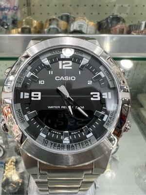 【金台鐘錶】CASIO卡西歐 AMW-870D-1A 指針數位雙顯系列 10年電力 不鏽鋼  防水50米 3組每日鬧鈴